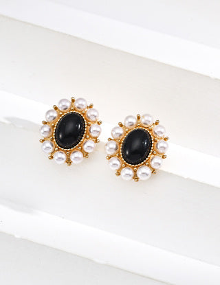 S925 silver design sense Black agate imitation pearl earrings