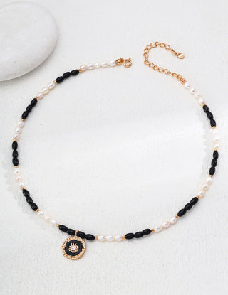S925 Silver Natural Pearl Black Agate Drip Glaze Zircon pendant necklace