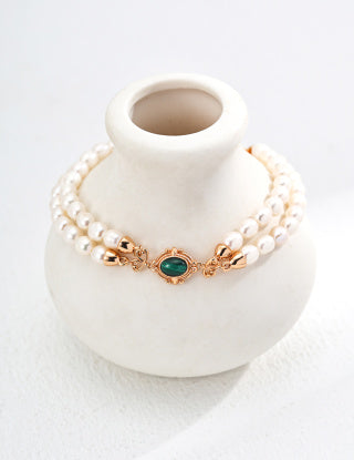 S925 Silver simple natural pearl malachite earrings