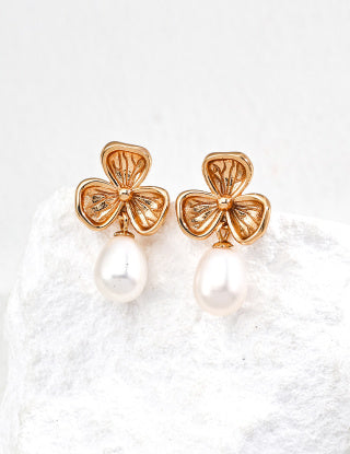 S925 Silver simple Clover natural Pearl earrings