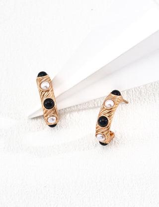 S925 silver retro natural pearl black agate earrings and stud earrings