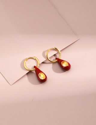 Pure silver teardrop red glazed earrings