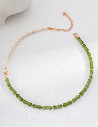 Pure silver bamboo joint pearl necklace