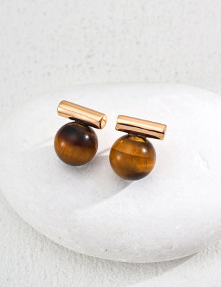 S925 silver simple natural tiger's eye black agate earrings and stud earrings