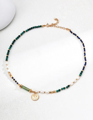 S925 Silver Fashion Natural Pearl Malachite Lapis lazuli Pendant Necklace
