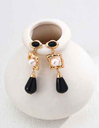 S925 silver natural pearl Black agate glass earrings