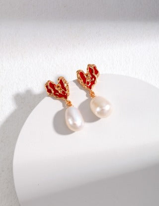 Pure silver heart-shaped glazed pearl earrings