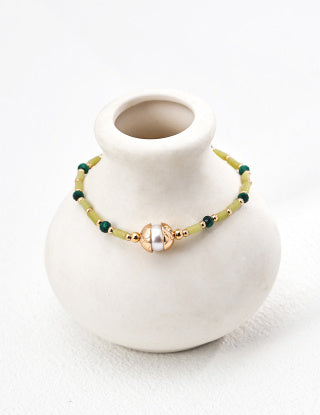 S925 Silver vintage Pearl Green Tube bead Malachite bracelet