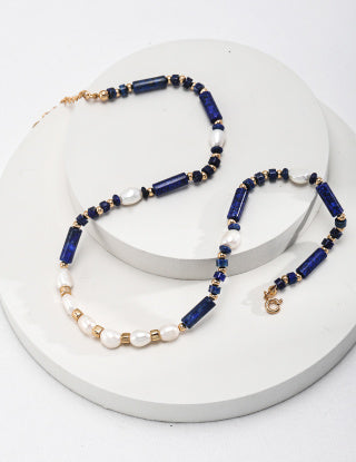 Pure silver lapis lazuli pearl necklace
