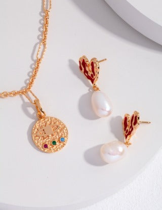 Pure silver heart-shaped glazed pearl earrings