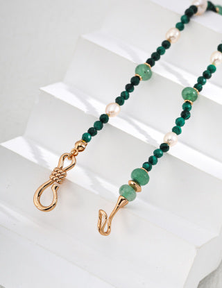 S925 Silver Green Dongling Jade Natural Malachite Pearl Necklace (Suitable for both necklace and bracelet)