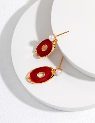 Pure silver red drip glaze pearl earrings