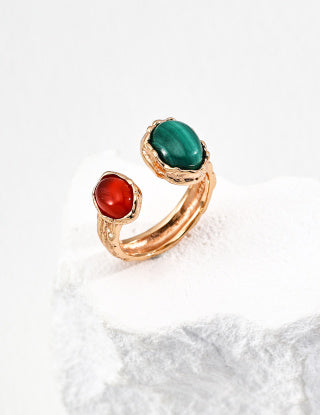 S925 Silver Vintage natural malachite red agate/tiger's Eye ring