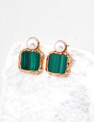 S925 silver vintage natural pearl malachite earrings