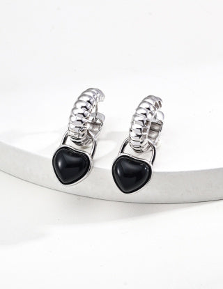 S925 Silver Design Heart-shaped Black Agate Earrings (Detachable for wearing