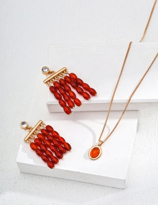 S925 Silver simple red agate earrings