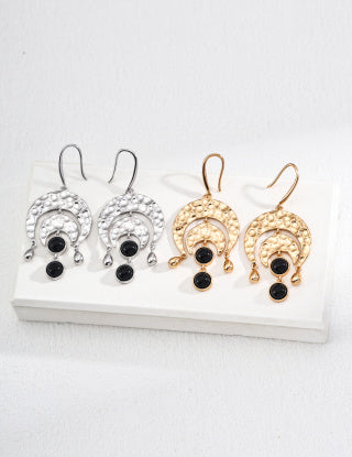 S925 Silver simple black agate retro earrings
