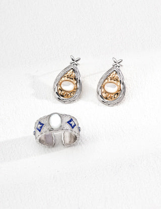 S925 Silver retro Design sense blue drip glaze lapis lazuli/mother-of-pearl ring