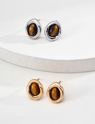 S925 silver simple natural tiger's eye earrings