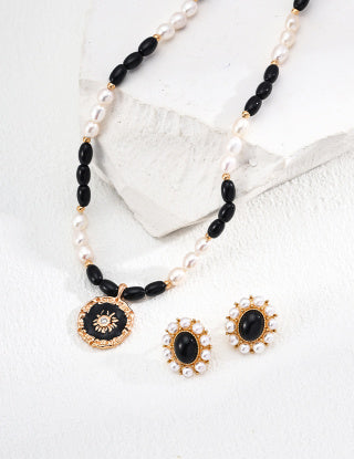 S925 silver design sense Black agate imitation pearl earrings