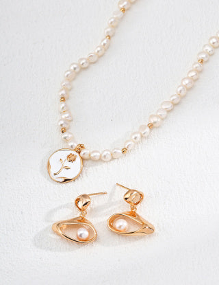 S925 Silver simple natural pearl Drip glaze rose pendant necklace