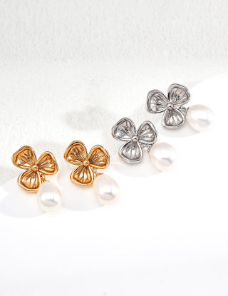S925 Silver simple Clover natural Pearl earrings