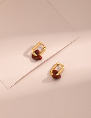 Pure silver heart-shaped red glazed earrings