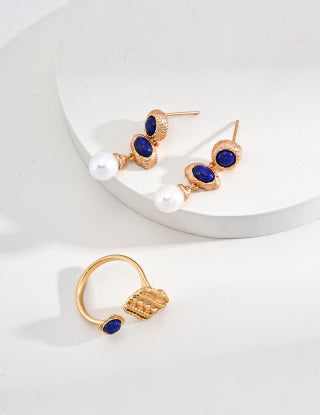 S925 Silver Retro Lapis lazuli Pearl earrings