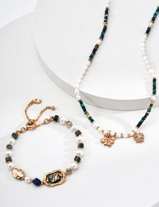 S925 Silver retro Design natural pearl Malachite Turquoise necklace