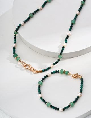 S925 Silver Green Dongling Jade Natural Malachite Pearl Necklace (Suitable for both necklace and bracelet)