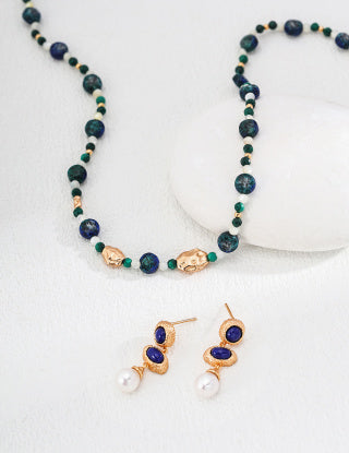 S925 Silver Vintage Natural malachite Lapis lazuli Butterfly Shell Garden Pearl Necklace