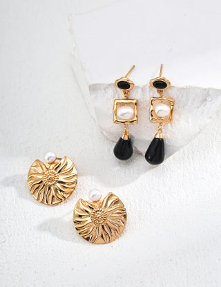 S925 silver natural pearl Black agate glass earrings