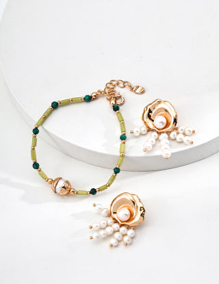 S925 Silver vintage Pearl Green Tube bead Malachite bracelet