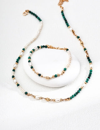 S925 Silver Retro natural pearl Malachite bracelet and necklace set