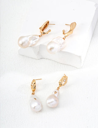 S925 Silver Retro Natural Baroque Pearl Zircon Earrings (Pearls of different sizes)