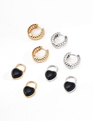 S925 Silver Design Heart-shaped Black Agate Earrings (Detachable for wearing