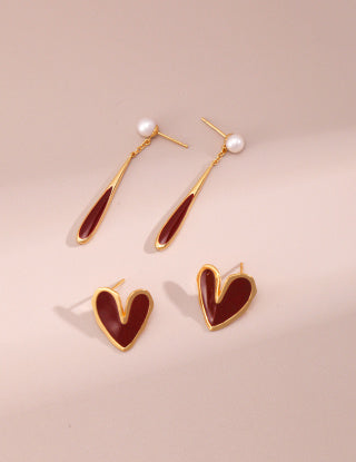 Pure silver red drip glaze teardrop earrings