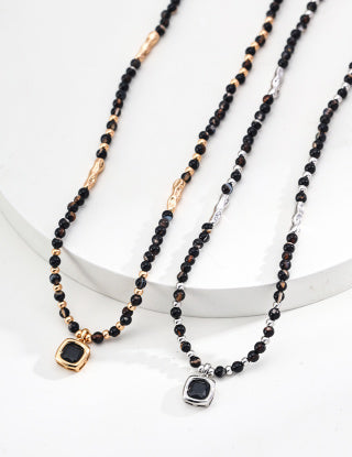 S925 silver round glossy black agate necklace