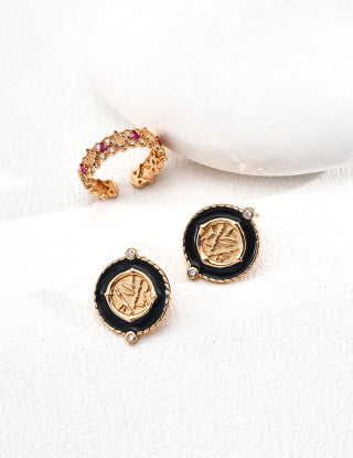 S925 silver retro design Black glazed zircon earrings