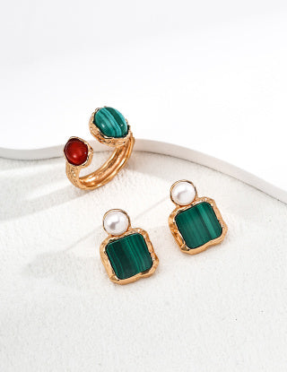 S925 silver vintage natural pearl malachite earrings