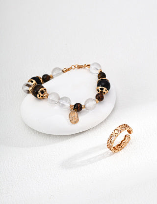S925 Silver Fashion Tiger's Eye Black Agate Crystal Bead Bracelet for Attracting Wealth and Good Fortune