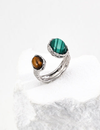 S925 Silver Vintage natural malachite red agate/tiger's Eye ring