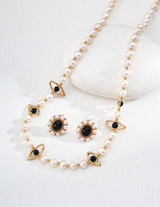 S925 silver design sense Black agate imitation pearl earrings