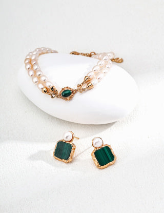 S925 silver vintage natural pearl malachite earrings