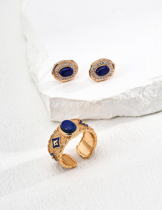 S925 silver retro design lapis lazuli Zircon earrings