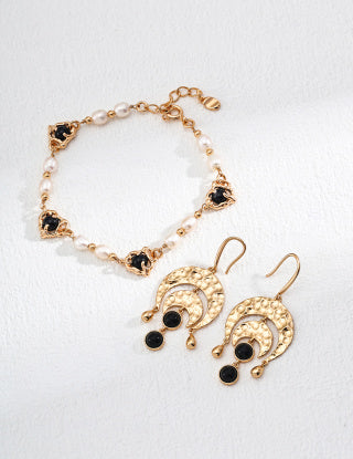 S925 Silver simple black agate retro earrings