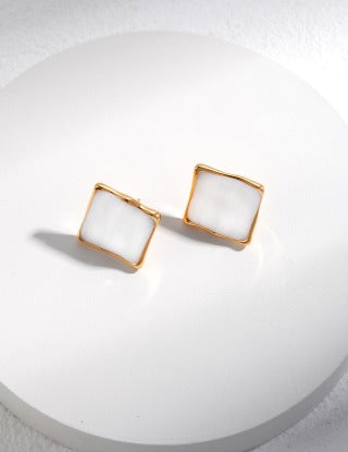 Minimalist cream-drip glazed square stud earrings
