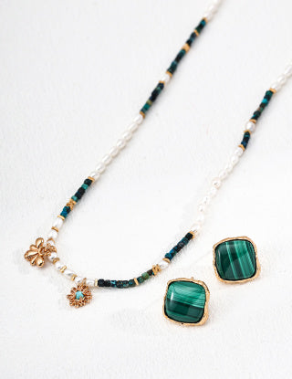 S925 Silver retro Design natural pearl Malachite Turquoise necklace