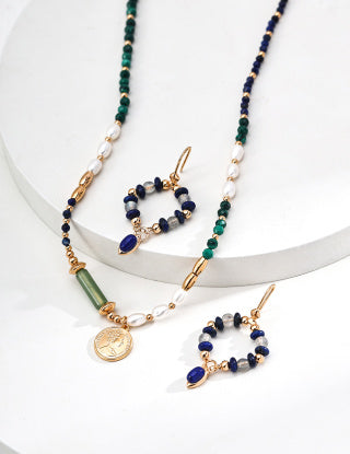S925 Silver Fashion Natural Pearl Malachite Lapis lazuli Pendant Necklace