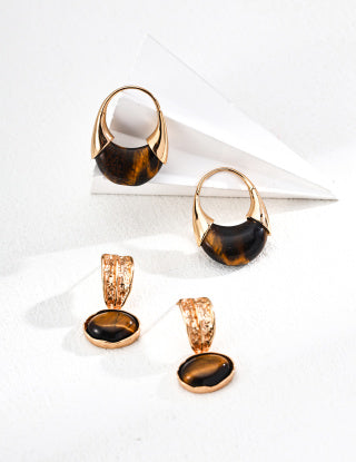 S925 Silver Retro Wealth Tiger's Eye Stone Earrings (This pair of earpins is approximately 1.2-1.3mm in thickness and is suitable for people with larger ear piercings.)